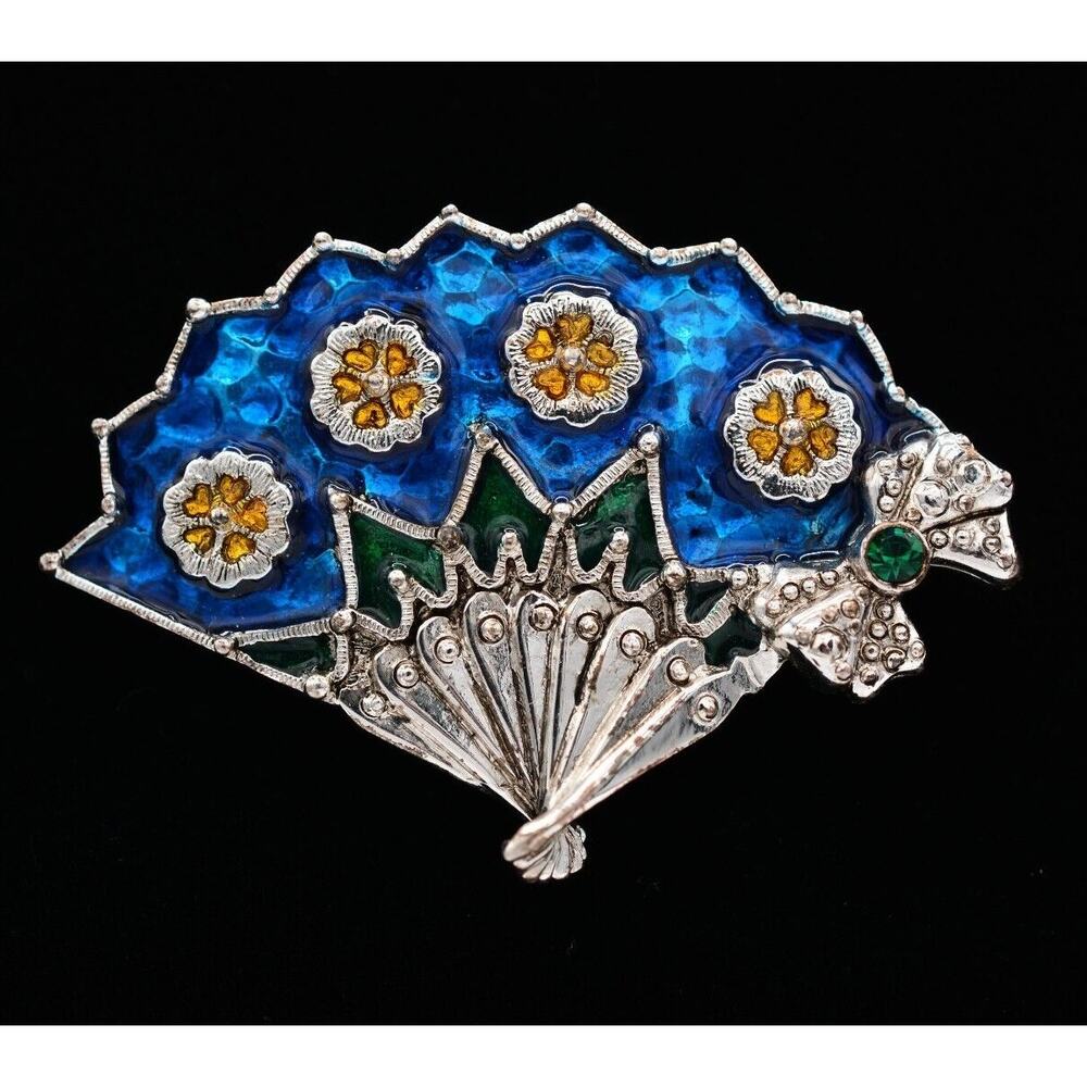Danecraft Vintage Peacock Fan Pin Brooch Blue Enamel Silver Signed NOS BinA16